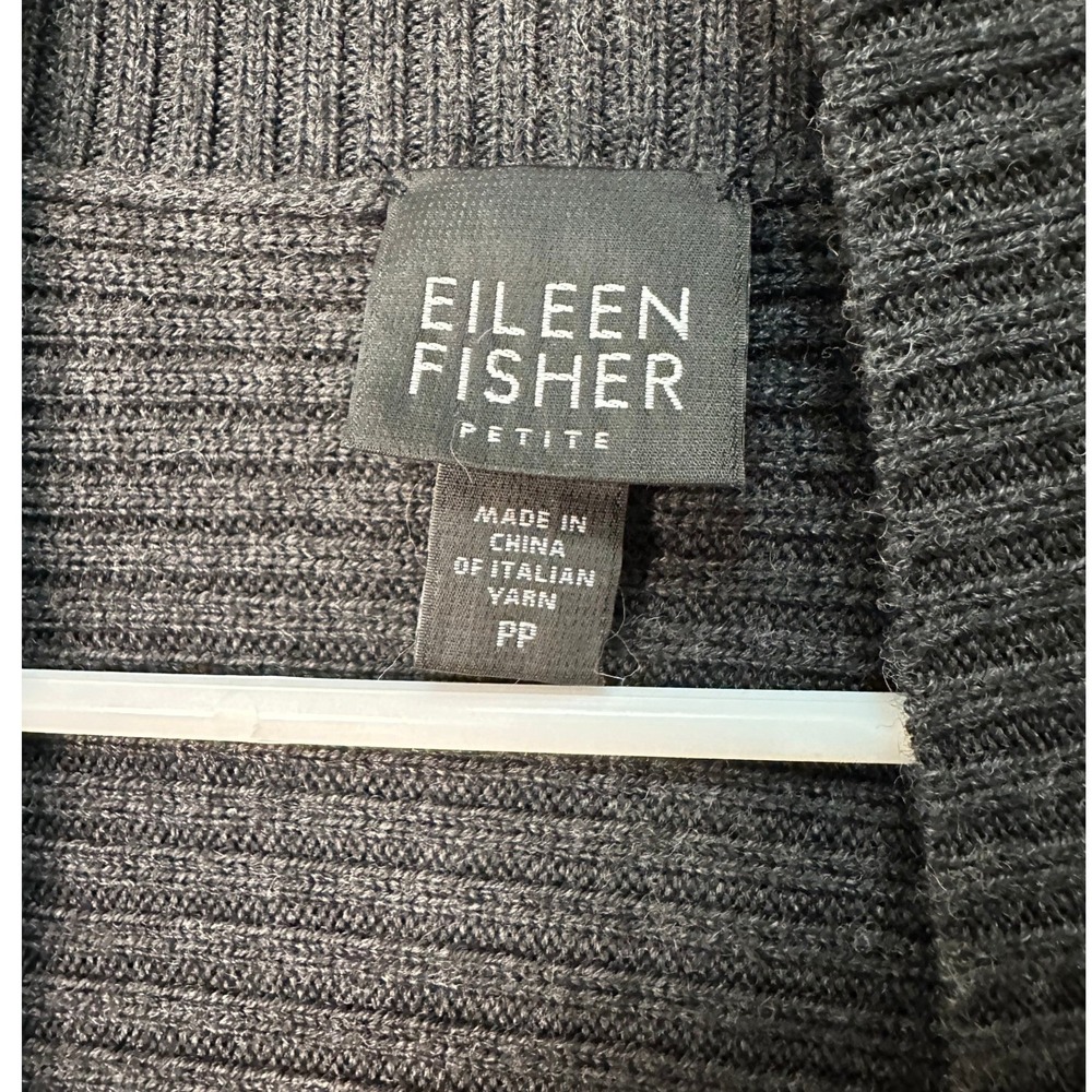 EILEEN FISHER Petite Charcoal Grey Ribbed Knit Short Sleeve Open Front Cardigan - Picture 4 of 9